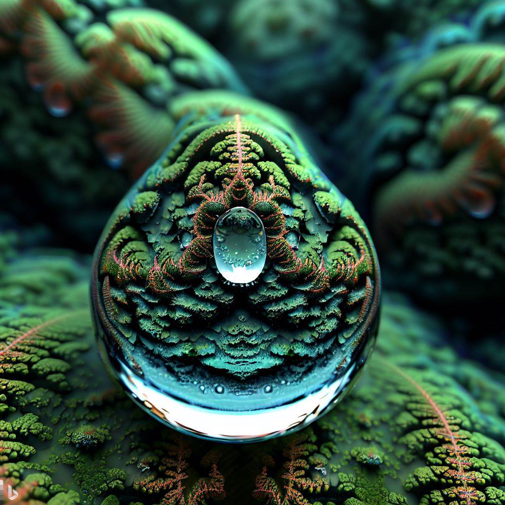 7- 3D hyper-detailed raindrop centered in a fractal mossy lichen rainforest, mirroring recursion luminosity.jpg